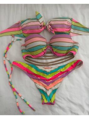 Victoria's Secret Neon Pink, Coral & Teal Striped Bikini various sizes